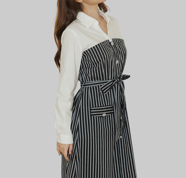 Robe Midi Élégante à Rayures avec Manches Contrastées