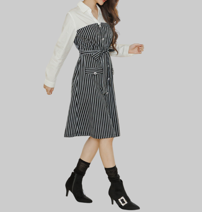 Robe Midi Élégante à Rayures avec Manches Contrastées