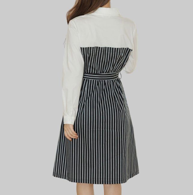 Robe Midi Élégante à Rayures avec Manches Contrastées