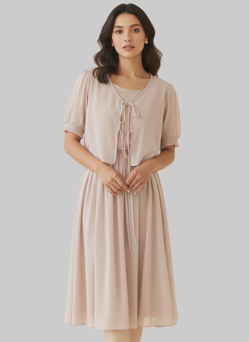 Robe Midi Rose Poudré avec Détails en Dentelle