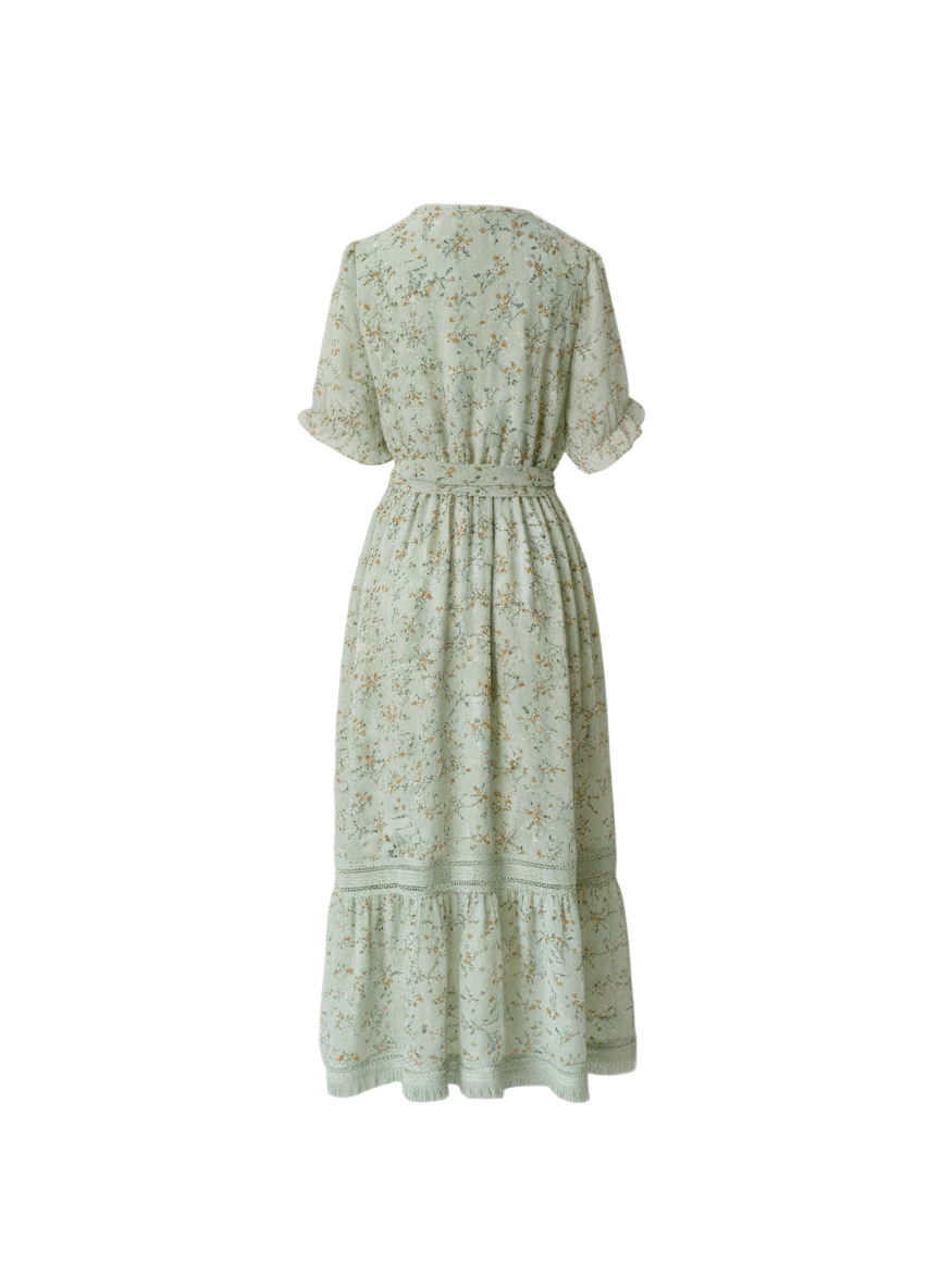 Vestido Midi Floral con Cuello Alto y Encaje, Color Verde