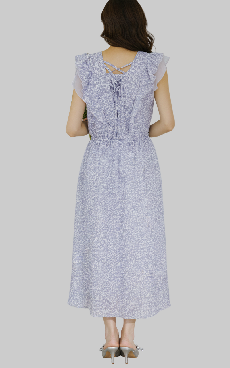 Vestido Maxi Floral Lila con Volantes | Espalda Cruzada y Cintura Elástica