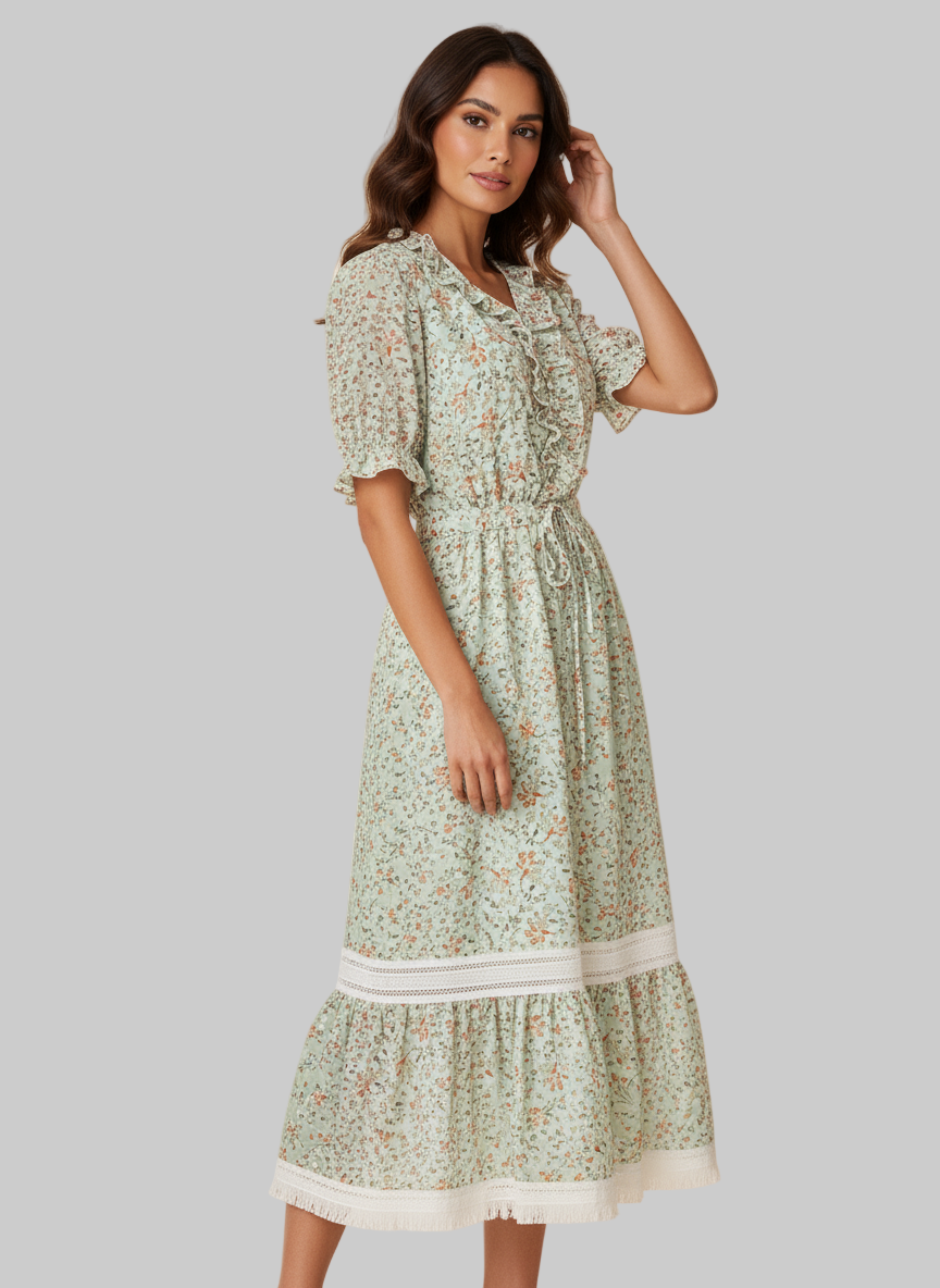 Vestido Midi Floral con Cuello Alto y Encaje, Color Verde