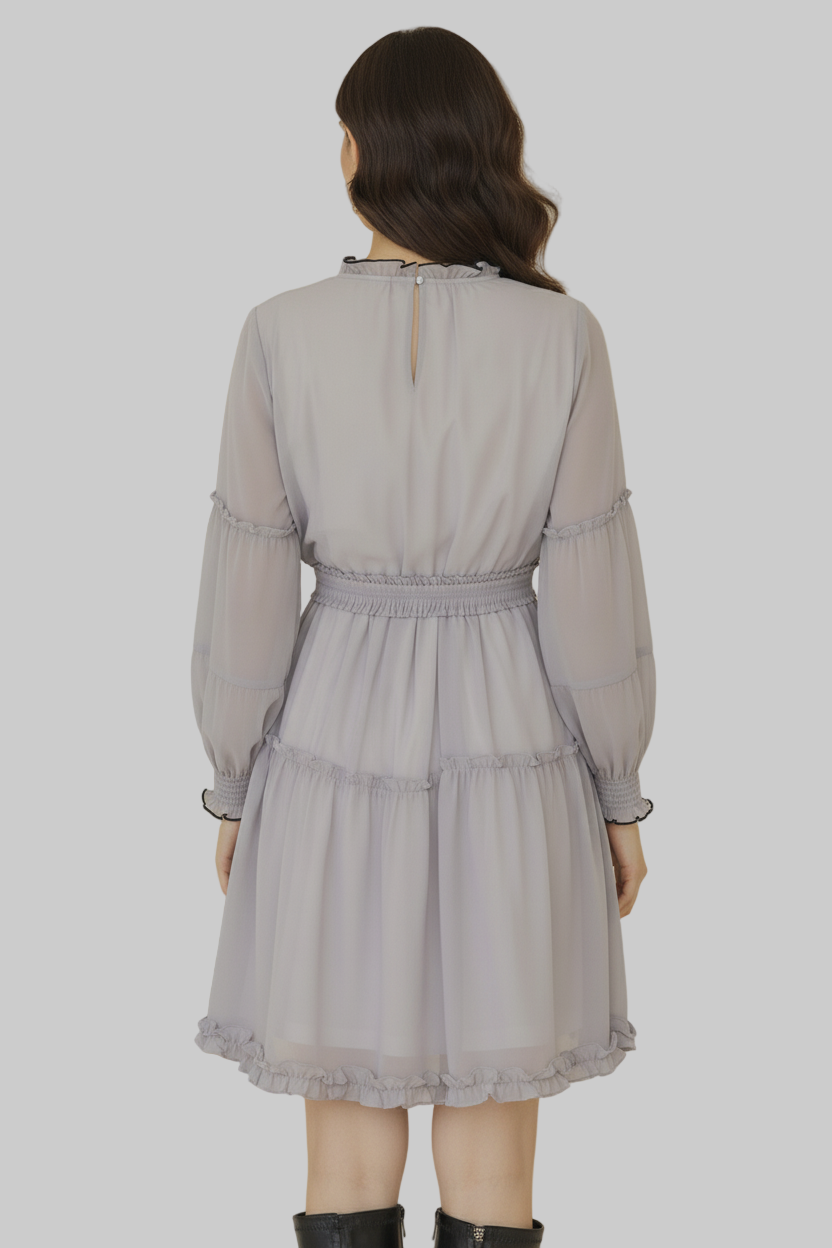 Robe Midi Romantique Lilas à Volants avec Ceinture