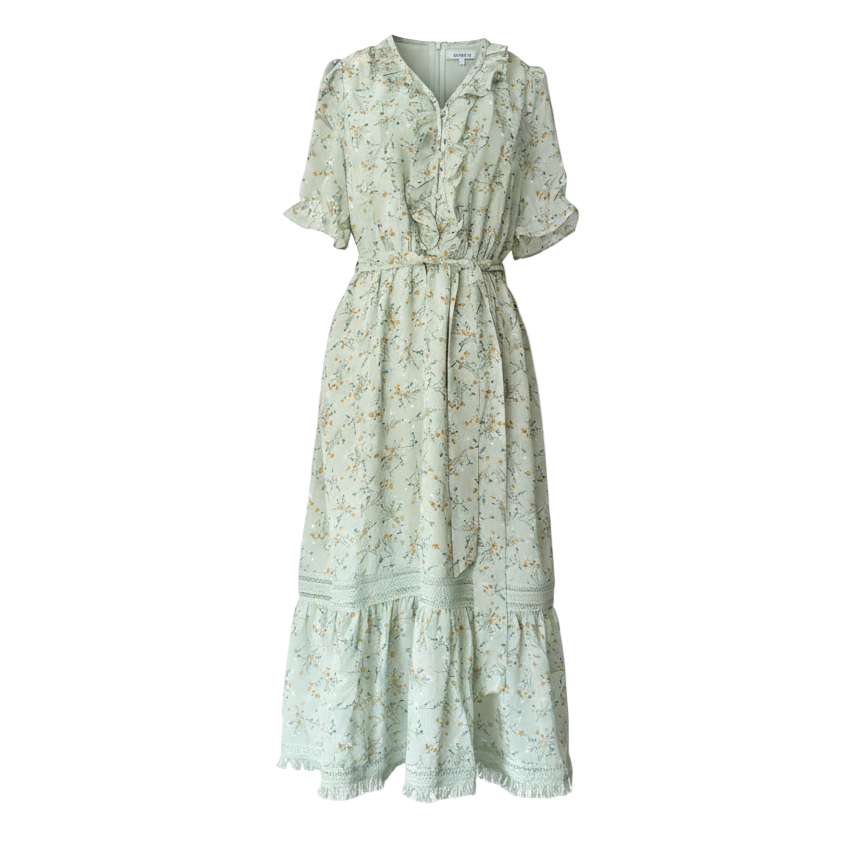 Vestido Midi Floral con Cuello Alto y Encaje, Color Verde