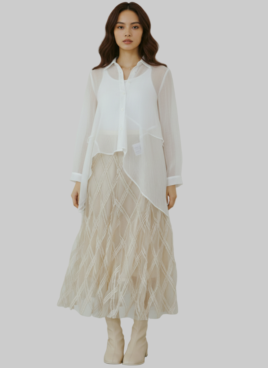 Falda Midi Beige: Textura Sofisticada y Bordado Geométrico