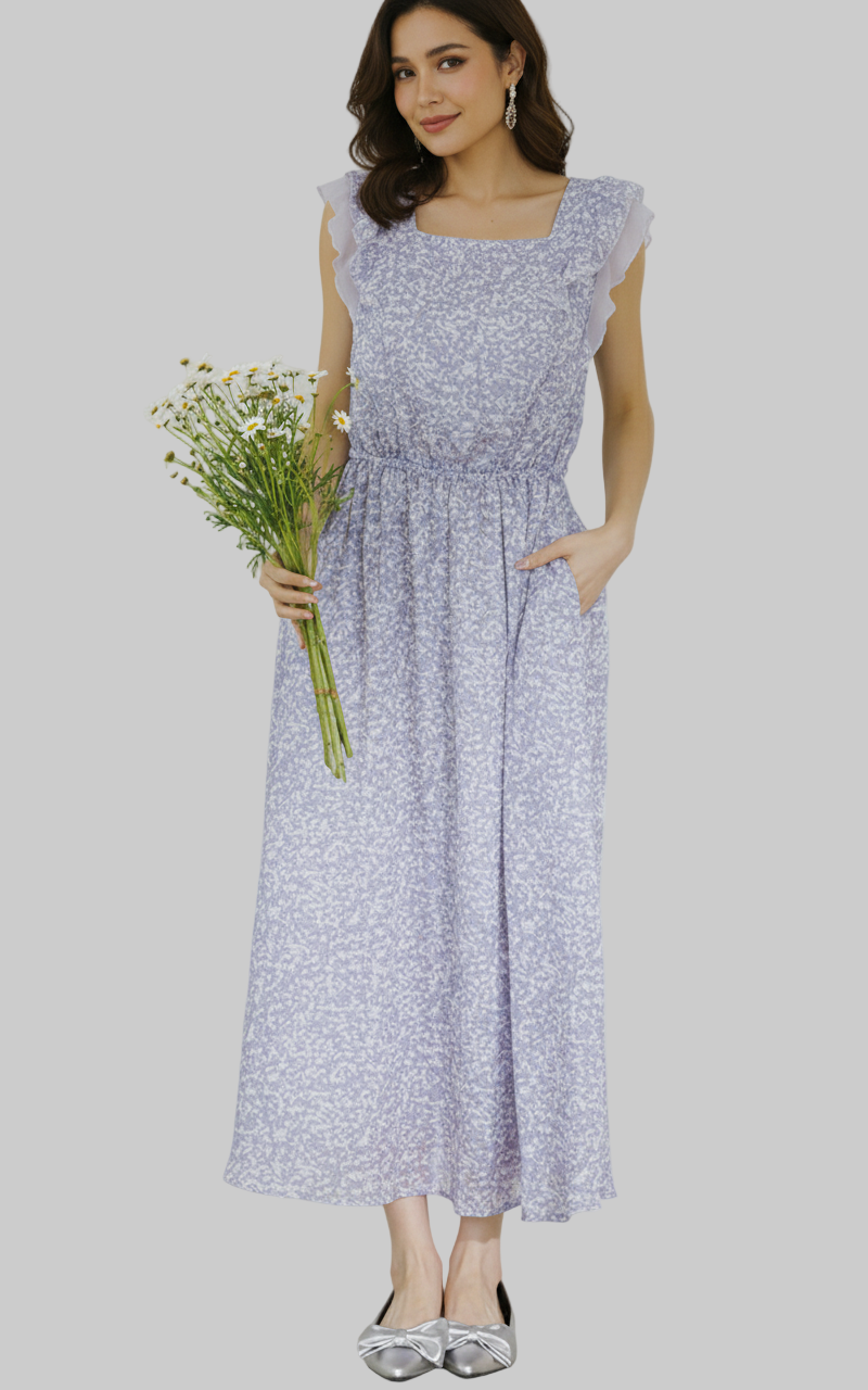 Vestido Maxi Floral Lila con Volantes | Espalda Cruzada y Cintura Elástica