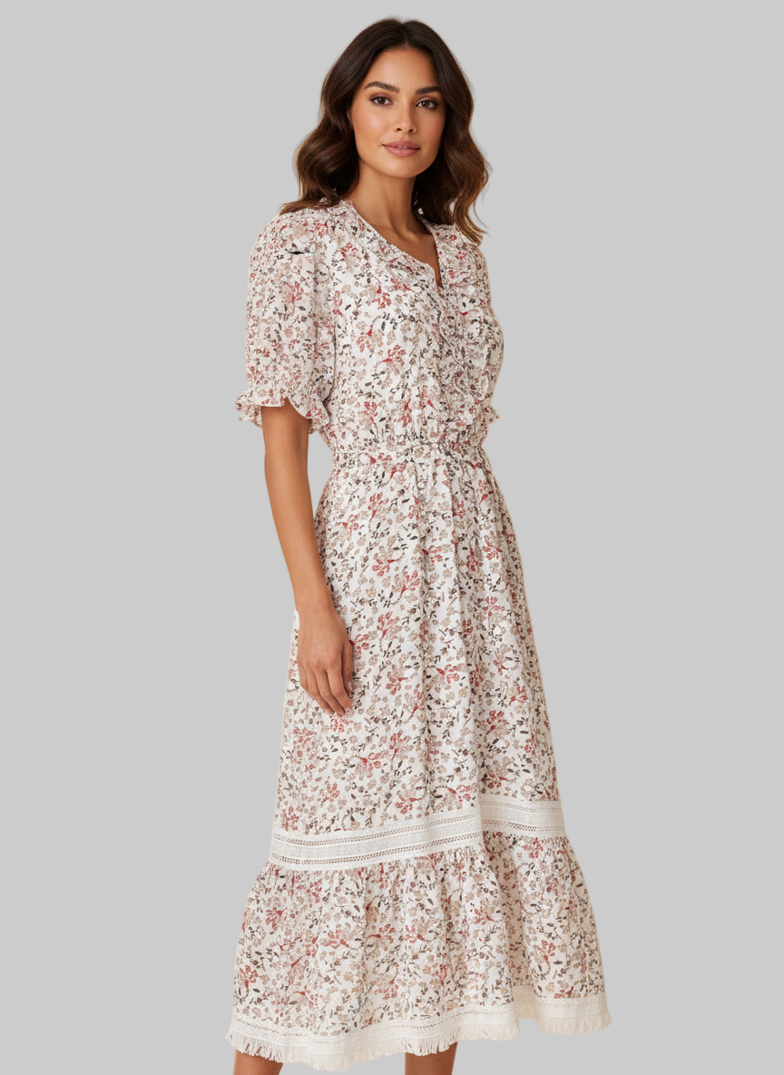Vestido Midi Floral con Cuello Alto y Encaje