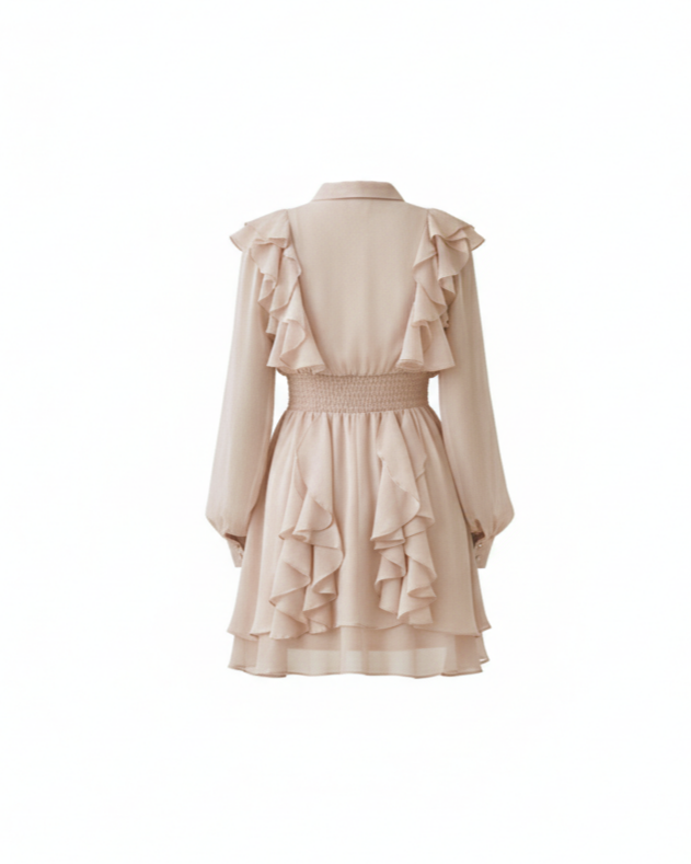 Robe Courte Rose Poudré à Volants avec Boutonnage