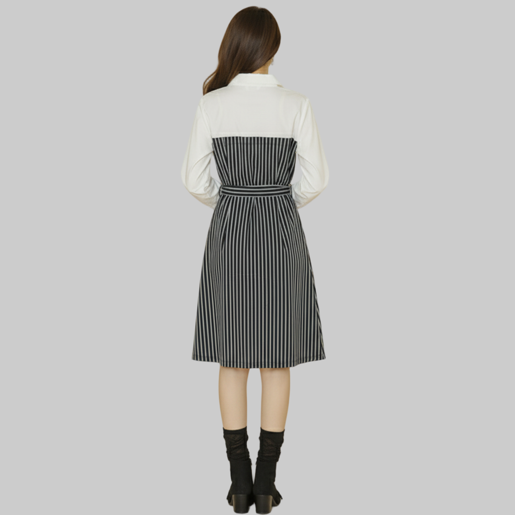 Robe Midi Élégante à Rayures avec Manches Contrastées