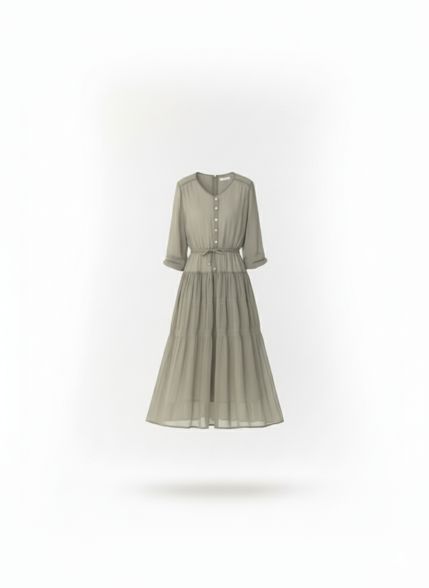 Robe Midi Plissée Vert Sauge