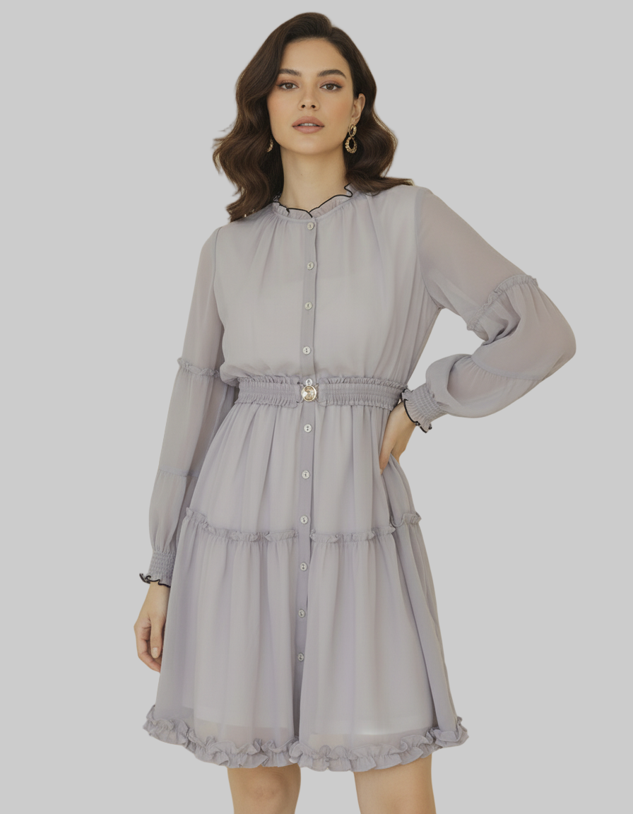 Robe Midi Romantique Lilas à Volants avec Ceinture
