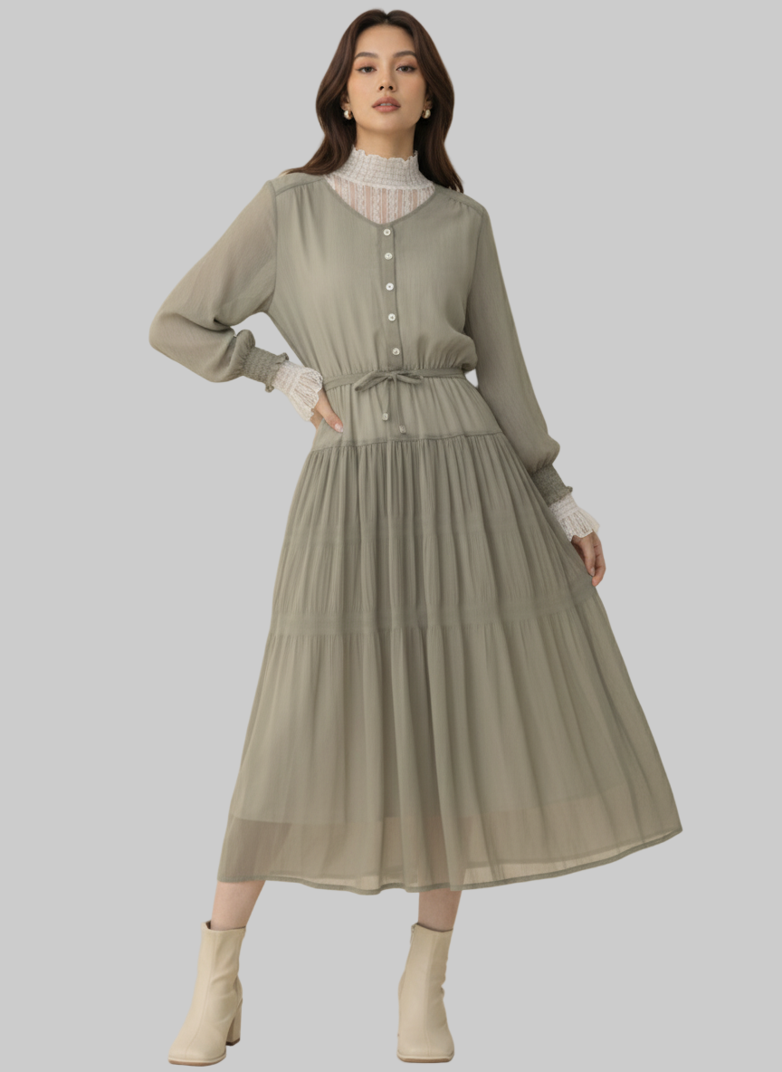 Robe Midi Plissée Vert Sauge