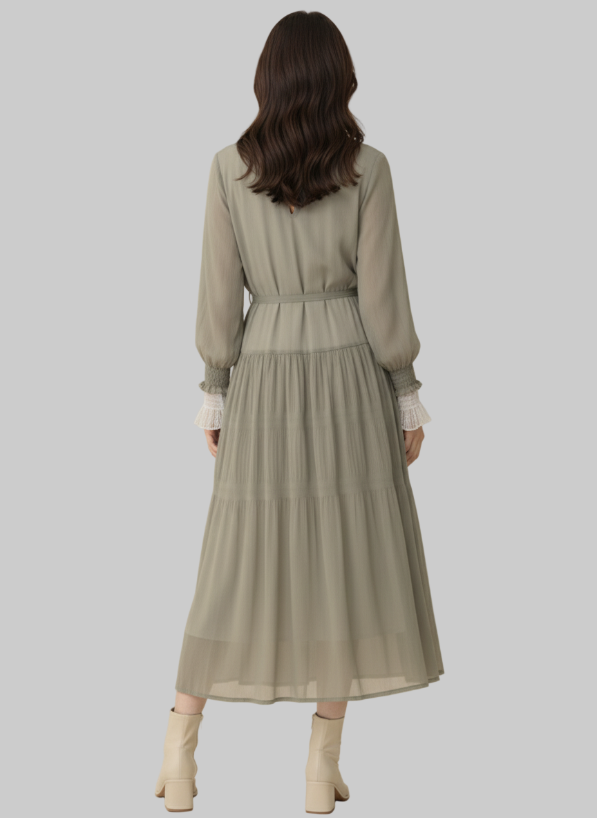 Robe Midi Plissée Vert Sauge