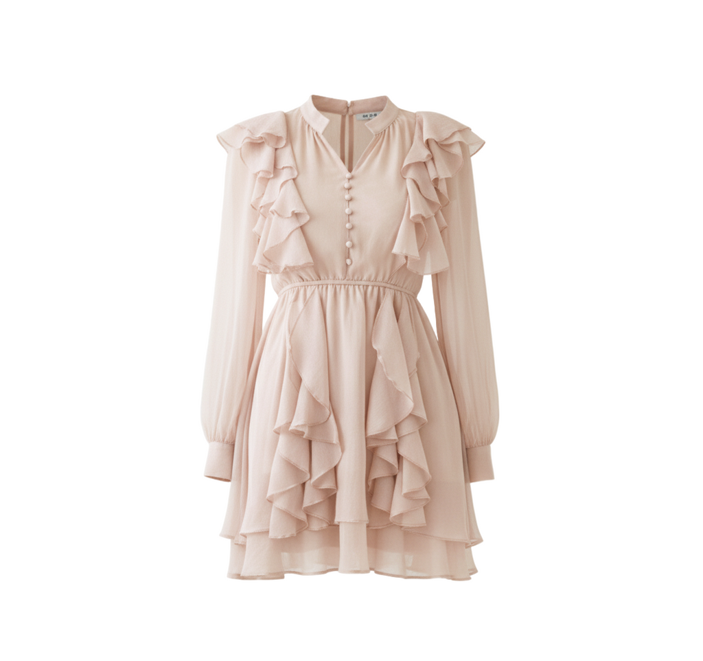 Robe Courte Rose Poudré à Volants avec Boutonnage