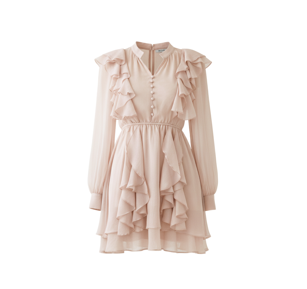 Robe Courte Rose Poudré à Volants avec Boutonnage