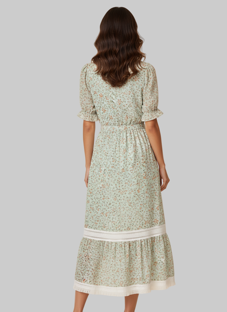 Vestido Midi Floral con Cuello Alto y Encaje, Color Verde