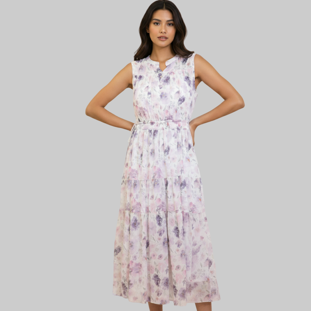 Robe Maxi Florale Sans Manches avec Ceinture