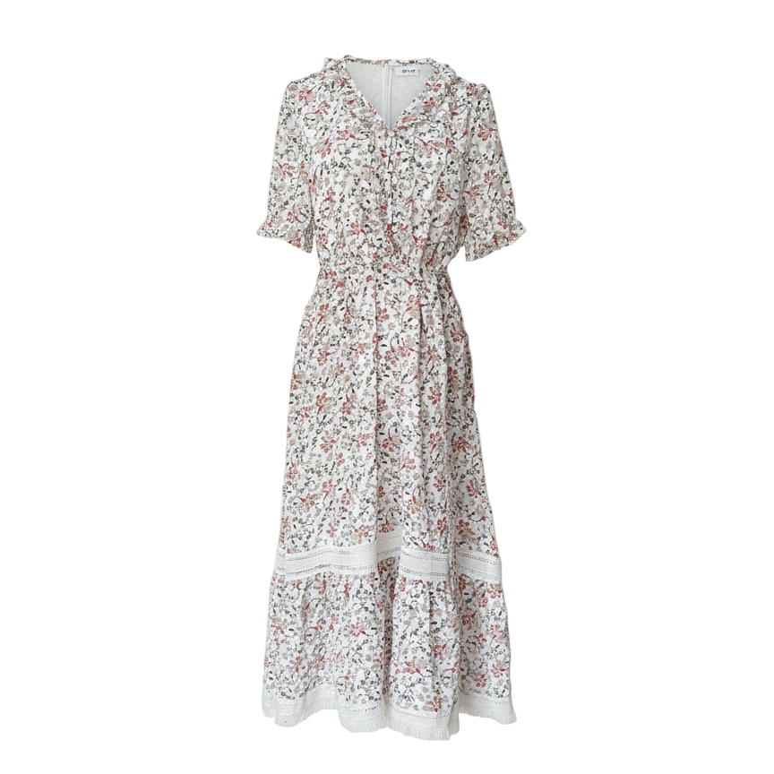 Vestido Midi Floral con Cuello Alto y Encaje
