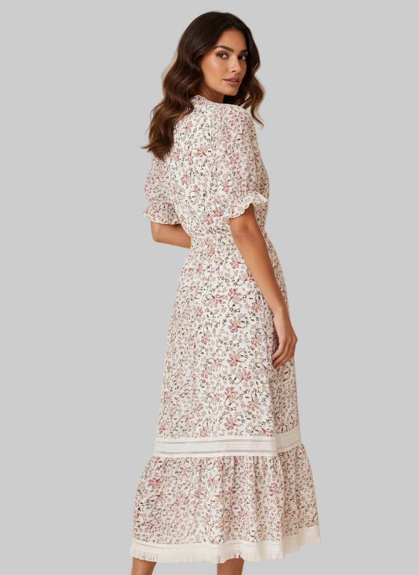 Vestido Midi Floral con Cuello Alto y Encaje