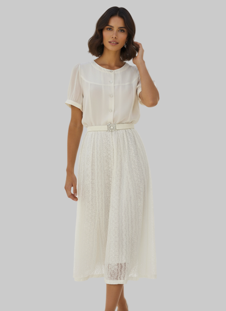 Vestido Midi Beige de Crêpe de Seda y Encaje: Elegancia Atemporal